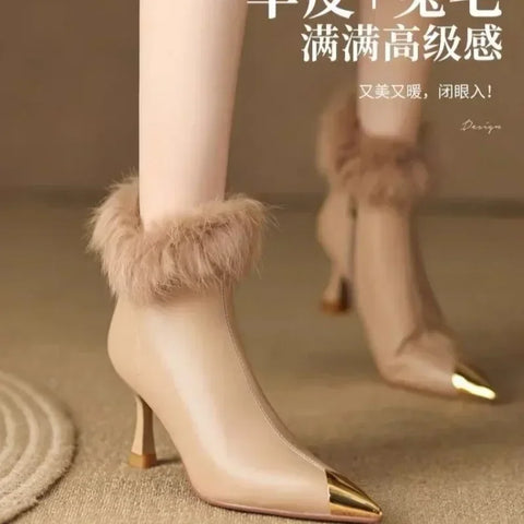 Sonicelife Women Sexy Plush High Heels Chelsea Ankle Boots Luxury Pointed Toe Zipper Shoes 2025  Winter Fashion Gladiator Pumps Botas