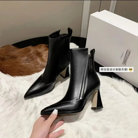 Sonicelife 2025 Women Fashion Ankle Boots High heels thick heels Zipper Leather Square Toe Autumn Winter Boots Shoes Size 34-39