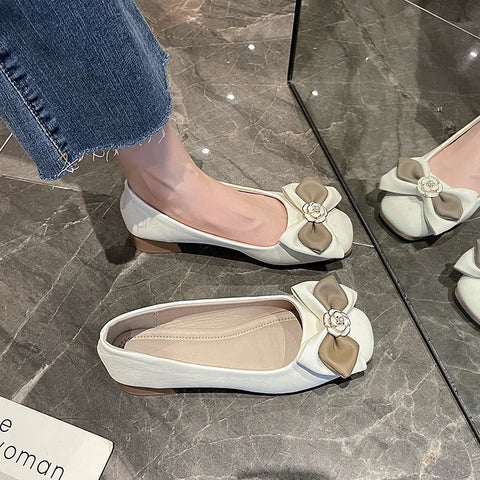 Sonicelife New Style Sweet Butterfly-knot Design Women Flat Solid Color Leather Woman Shoes Ladies Soft Sole Square Toe Slip-on Casual Shoe