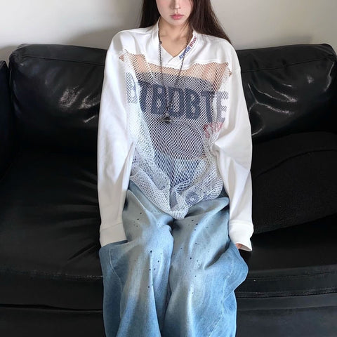 Sonicelife Summer American Loose Splicing See Through Jersey Letter T Shirt Women Street Fashion Slim Hip Hop Y2K Sun Protection Design Top
