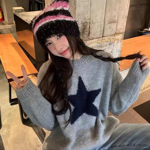 Black Friday Sonicelife Star Pullover Sweater Women Korean Fashion Loose O-Neck Warm Fall Winter Knitwear Pretty Style Hip-Hop Lazy Female Jumpers Tops