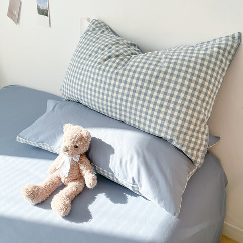 Sonicelife 2024 New Bedding Set Ins Nordic Style Blue Grid Washed Cotton 4 pcs Bed Sheet Set For Girls Duvet Cover and Pillowcase