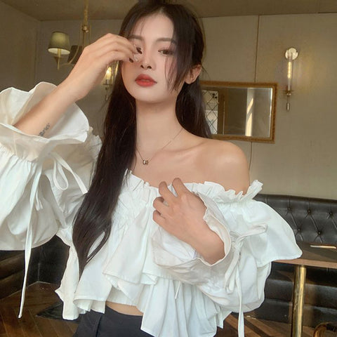 Sonicelife Sexy Off Shoulder Sweet Blouse Women Korean Fashion Ruffles Elegant Cropped Shirt Fall Lace Up Design Lady Chic White Tops
