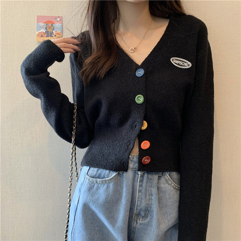 Sonicelife V Neck Cropped Cardigan Sweaters Women Casual Sweet Rainbow Buttons Knitted Coat Korean Female Autumn Loose Long Sleeve Top