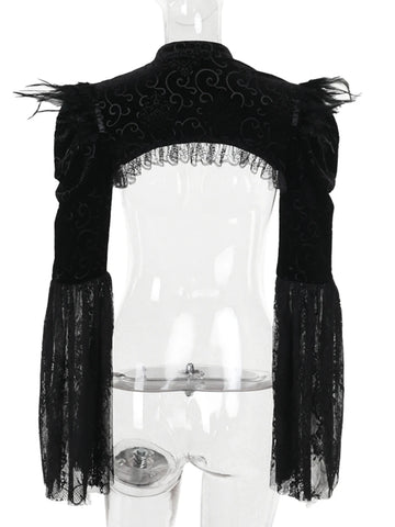 Sonicelife Palace Style Gothic Smock Women Vintage Streetwear Y2k Feather Lace Patchwork Flare Sleeve Crop Tee Tops Cosplay Clothes