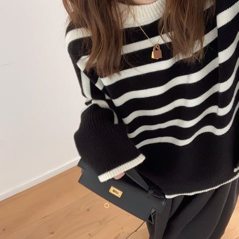 Black Friday Sonicelife Korean Striped Sweater Women Loose Side Split Chic O-Neck Knit Pullover Pretty Style Casual Fall Winter Lazy Vintage Jumpers