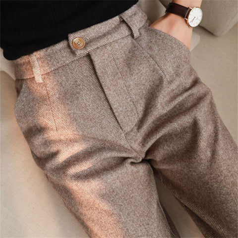 Sonicelife Woolen Pants Women Harem Pencil Pants Spring High Waist Pockets Suit Pants Office Lady Striped Zipper Trousers
