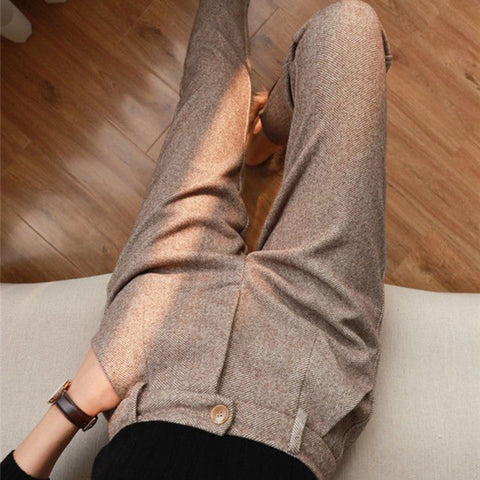 Sonicelife Woolen Pants Women Harem Pencil Pants Spring High Waist Pockets Suit Pants Office Lady Striped Zipper Trousers