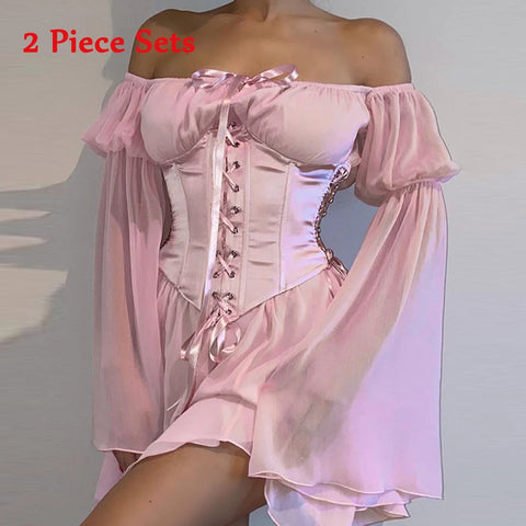 Sonicelife Summer Sweet Women 2 Piece Dress Sets Pink Chiffon Dress Off Shoulder Outfits Lace-up Corset Bustier Two Piece Party Dress Suits