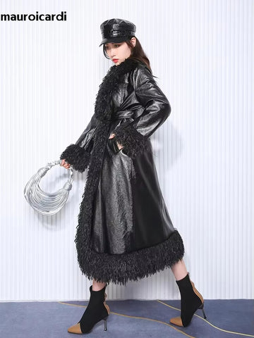 christmas outfit Sonicelife Winter Oversized Long Black Quilted Thickened Warm Pu Leather Coat Women with Faux Fur Trim Luxury Designer Clothes