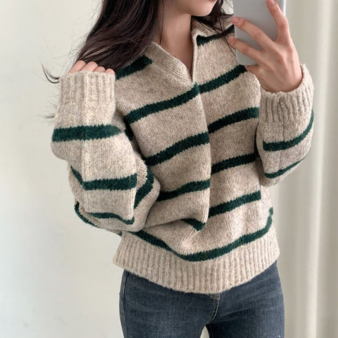 christmas outfit Sonicelife Large size Korean style lapel slimming contrast striped sweater women's winter long-sleeved loose pullover sweater y2k tops