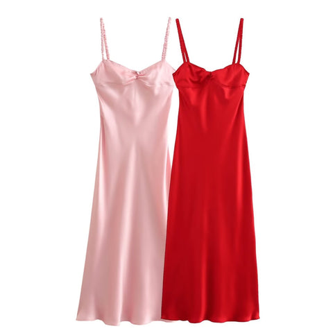 Sonicelife Women's Camisole Dress with V-neck and Backless, Sexy Silk Satin, Medium Length Lingerie Style, New