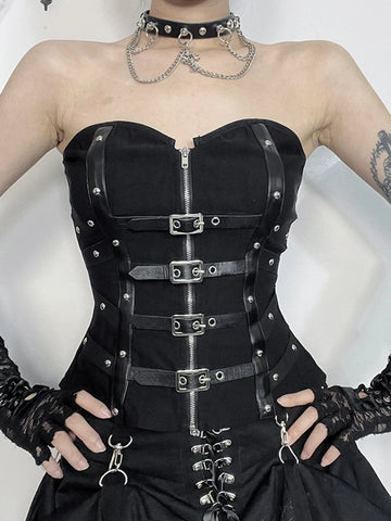 Sonicelife Mall Gothic Alt Vest Women Streetwear Harajuku Grunge Pu Patchwork Zipper Crop Tank Tops Halloween Cosplay Outfits Femme