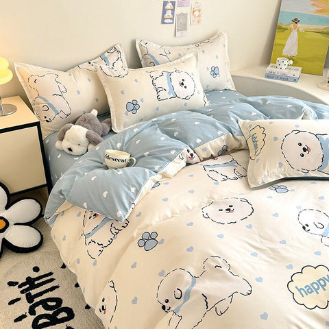 Sonicelife Cute Dog Bedding Set No Filler Ins Cream Blue Duvet Cover Flat Sheet Pillowcase Kids Adults Fashion Soft Comforter Cover