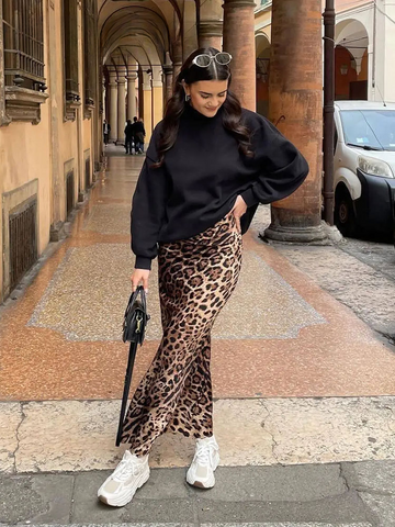 Sonicelife 2024 Summer Woman Leopard Print Skirt Vintage High Waist Loose Midi Skirts Chic Elegant Casual Streetwear Women's Skirt