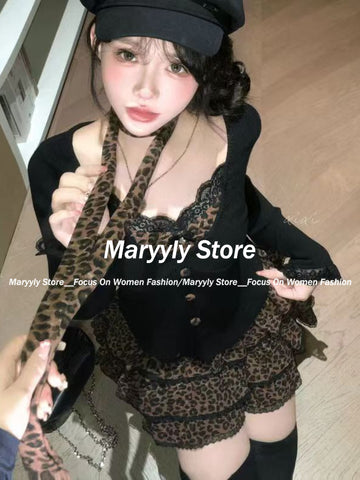 Sonicelife Autumn Winter Vintage Leopard Print Women Outfits Sexy Bow Fake Two Piece Tops + Lace Mini Cake Skirt 2 Piece Set Y2k Clothjing