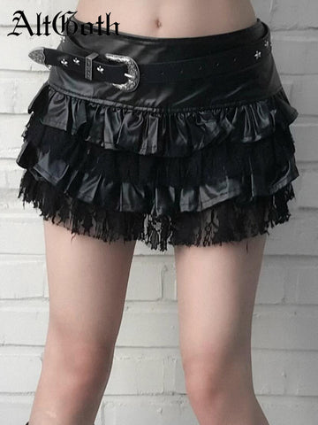 Sonicelife Harajuku Y2k Pu Cake Skirt Women Dark Gothic Cyber Punk Streetwear Hotsweet Lace Patchwork Low Waist Skirt Without Belt