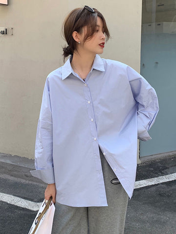 Sonicelife Preppy Style Women Harajuku Shirt New Korean Fashion Loose Chic Blouse Autumn All Match Long Sleeve Design Lady Blue Tops