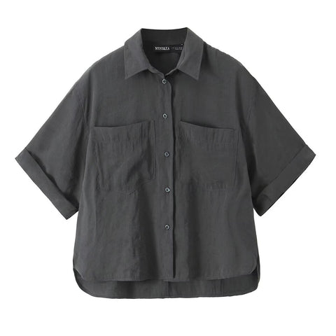 Sonicelife Women's Shirt with Loose Pockets Short Sleeves Commuting Casual Versatile Top T-shirt with Two-Color Lapel New