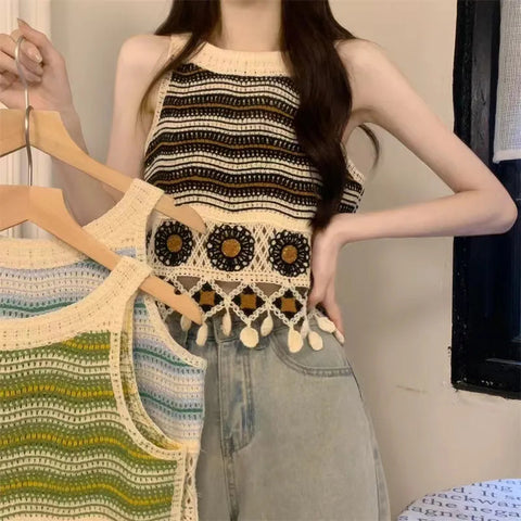 Sonicelife Hollow Out Crop Tanks Women Summer Knit Striped Sexy Bohemian Sleeveless T Shirt Retro Casual All Match Elegant Camisole Tops