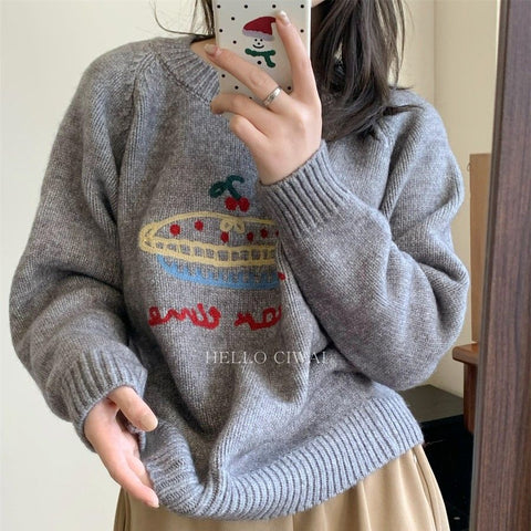 christmas outfit Sonicelife 2025 new autumn and winter Korean style round neck fruit cake jacquard sweater lazy thick loose sweater women clothing y2k tops