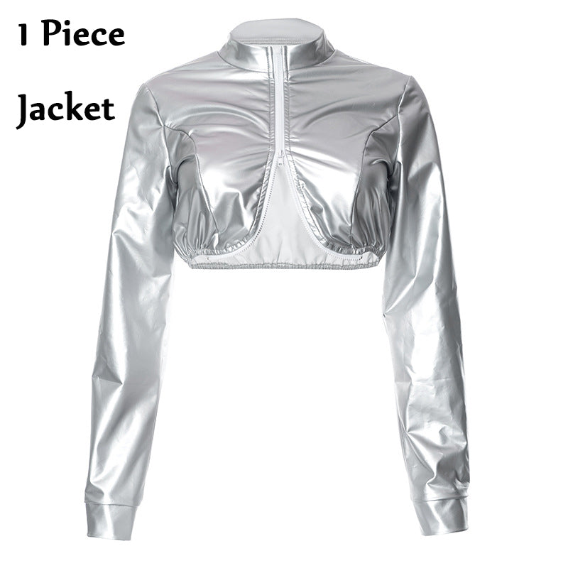 Sonicelife Y2K Women 2 Piece Shiny Silver PU Leather Zipper Cropped Jackets Straight Pants Sets Metal Color Leather Suits Two Piece Outfits