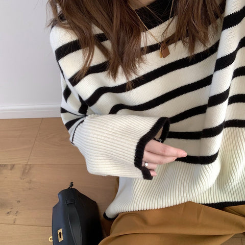 Black Friday Sonicelife Korean Striped Sweater Women Loose Side Split Chic O-Neck Knit Pullover Pretty Style Casual Fall Winter Lazy Vintage Jumpers