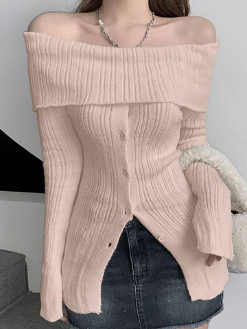 Sonicelife-Long Sleeve Off-Shoulder Ribbed-Knit Sweater