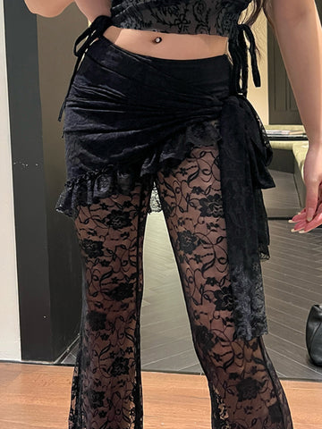 Sonicelife Gothic Dark Lace Pants Women Vintage Y2k Streetwear Emo Sexy See Through Velevt Patchwork High Waist Flare Pants Female