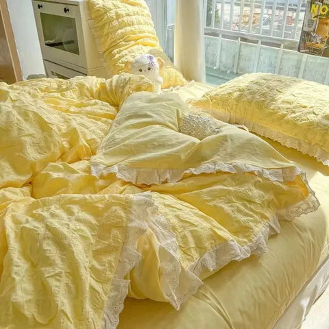 Sonicelife Ins Style Korean Princess Bedding Set Duvet Cover Wash Cotton Solid Color Summer Soft Bed Sheet Set Comfortable Set Quilt Cover