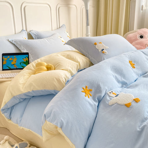 Sonicelife Ins Cartoon Cute Duck Bedding Set Towel Embroidery Duvet Cover Queen Twin Full Size Soft Bed Flat Sheet Quilt Cover Pillowcases