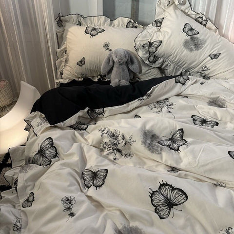 Sonicelife Korean Style Ink Butterfly Bedding Set Summer Ice Silk Cool 4pcs Bed Sheet Set Duvet Cover 2 Pillowcases For Girls