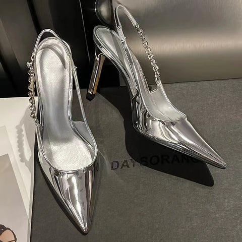 Sonicelife Shiny High Heels Slingback Silver Women Pumps Metallic Crystal Sandals Pointy Toe Stiletto Heeled Shoes Party Dress Shoes Woman