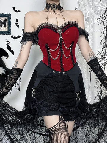 Sonicelife Christmas Dark Goth Red Vest Women Vintage Streetwear Y2k E-girl Cyber Punk Lace Chain Patchwork Crop Tank Tops Clubwear