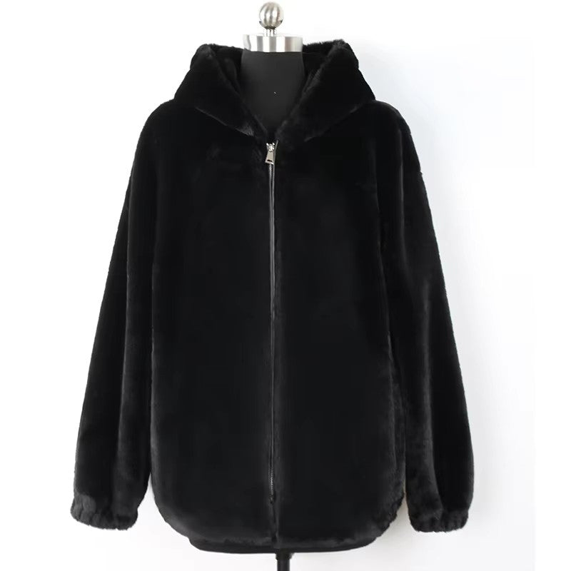 christmas outfit Sonicelife Spring Winter Black Warm Thick Soft Fluffy jacket Women with Hood Long Sleeve Faux Rex Rabbit Fur Coat Women Zipper