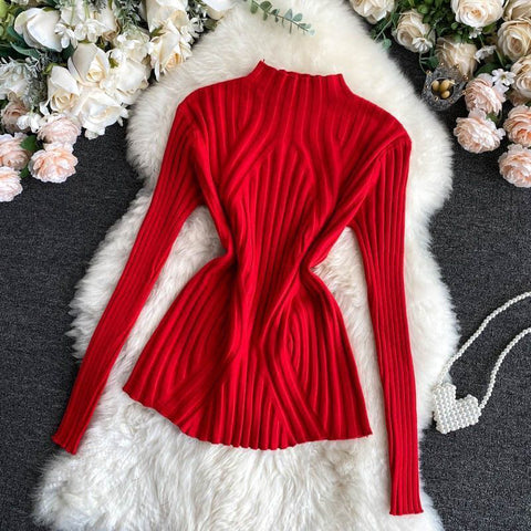 Black Friday Sonicelife Pit Stripe Knit Sweater Women Korean Fall Winter Fashion Slim Elegant Solid Half High Collar Long Sleeve Pullover Basic Chic Top