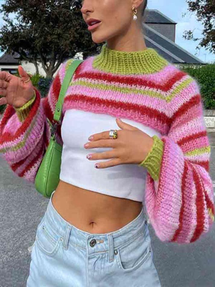 Sonicelife-Colorful Stripe Ultra Short Smock Crochet Top