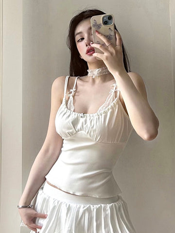 Sonicelife Fairycore Grunge Y2k White Camisole Women Sexy Pastel Goth Soft Sweet Cute Lace Patchwork Corset Crop Tank Tops Female