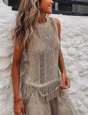 Sonicelife-Thar Desert Sleeveless Tassel Knit Top