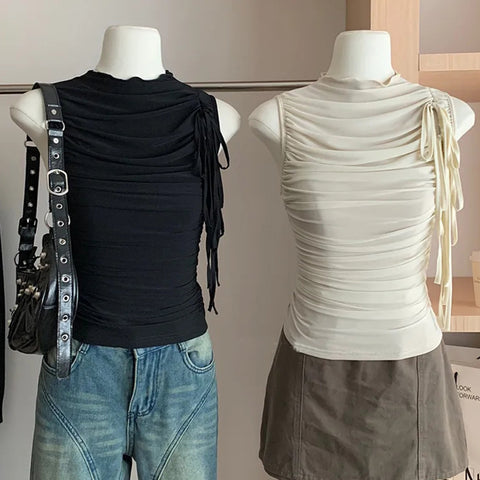 Sonicelife Streetwear Folds Tank Tops Women Lace Up Sleeveless T Shirts Korean Fashion Chic Summer Mesh Slim Tops Casual Tanks Y2K New