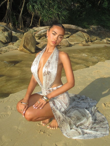 Sonicelife Women Sexy Deep V Printing Vestidos New Hollow Out Pleat Open Back High Slit Mesh Dress 2025 Summer Lady Vocation Beach Dresses