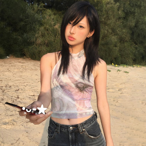 Sonicelife Y2K Mesh Printed Vest Women Japanese Harajuku Tie Dye Backless Crop Tops Vintage 2000S Diamond Tanks Korean Popular Tank Top New
