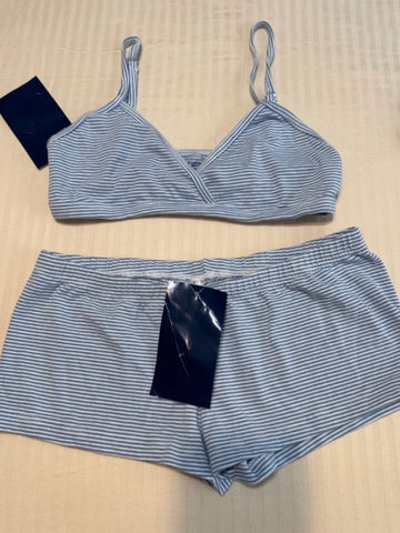 Sonicelife Sexy Blue Striped Bra Shorts Set Women V-neck Slim Home Pajama 2 Piece Sets Sweet Cute Cotton Bras with Straight Sweatshorts New