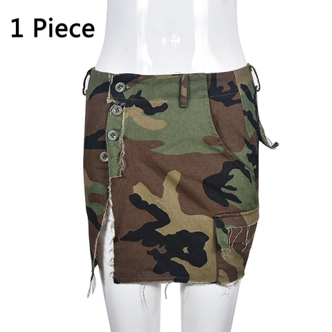 Sonicelife 2 Piece Women Camouflage Skirts Sets Bandage Halter Backless Crop Tops Single Breasted Split Camo Skirts Two Piece Cargo Outfits