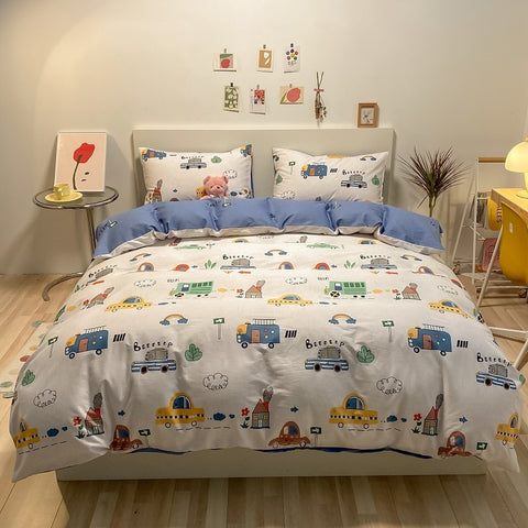 Sonicelife Kawaii Kids Bedding Set Soft Cotton Flat Fitted Sheet Duvet Cover Pillowcases Single Queen Cartoon Boy Girls Dormitory Bed Linen