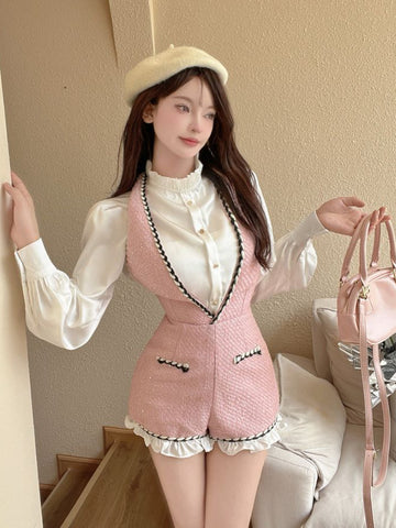 Sonicelife 2025 Autumn French Sweet Hot Girl Commuting Suit Women Halter Strap Shorts Ruffled Long Sleeve Shirt Elegant Slim 2 Piece Set