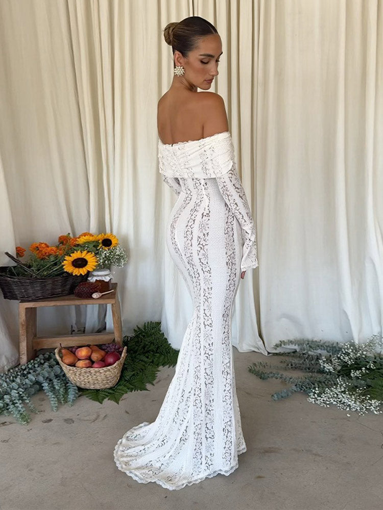 Sonicelife Fashion Lace Up Hollow Out Off Shoulder Bodycon Women's Vestidos Cut Out Flared Long Sleeve Maxi Dress 2025 Lady Outwear Robes