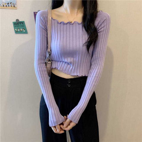 Black Friday Sonicelife Autumn Slim Knitted Crop Sweaters Women Fashion Solid Long Sleeve Square Collar Pullovers Korean All Match Chic Casual Sweaters