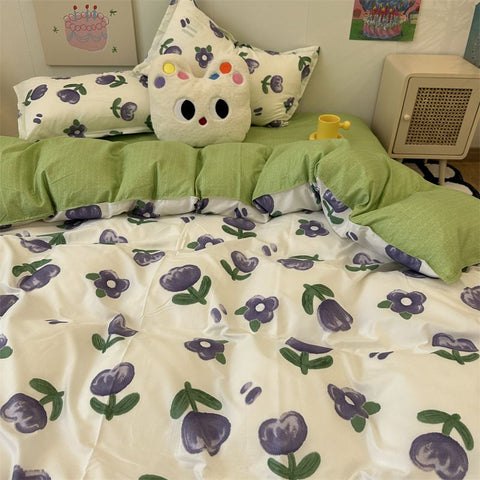 Sonicelife Korean Style Bedding Set Twin Queen Size Cute Cream Cherry Duvet Cover Flat Sheet Pillowcase Polyester Boys Girls Bed Linen