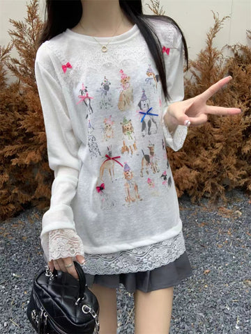Sonicelife Y2k Harajuku Cartoon Print Long Sleeve Tops Women Sweet 2000s Aesthetic Tees Spring Cute Core Design Casual Loose T-Shirts New